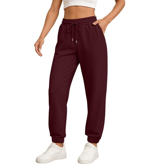 WTOBBY Ladies' Fashionable Solid Color Straight Leg Pants High Waist Drawstring Pockets Elastic Waist Casual Wear,Wine L