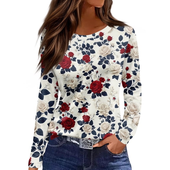 WTOBBY Ladies Floral Print Loose Long Sleeve Hem Slit T-shirt with Round Neck Top Casual Fashion Wear Comfort Fit Breathable Fabric Lightweight Material Versatile Daily Styling,Wine L