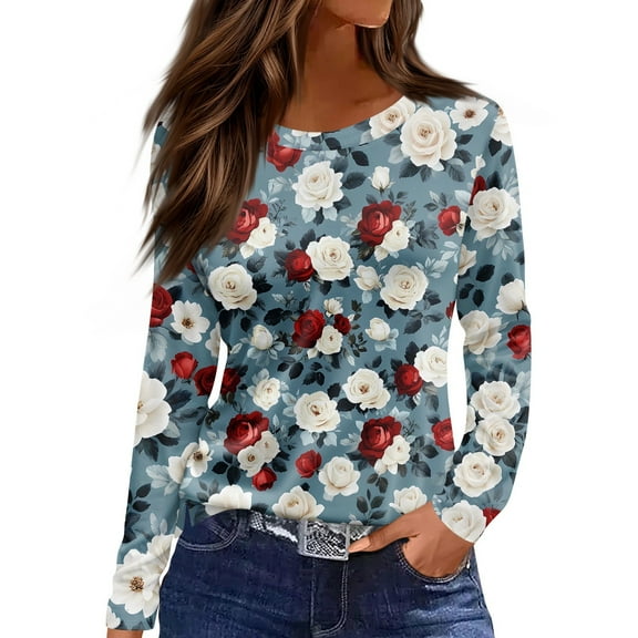 WTOBBY Ladies Floral Print Loose Long Sleeve Hem Slit T-shirt with Round Neck Top Casual Fashion Wear Comfort Fit Breathable Fabric Lightweight Material Versatile Daily Styling,Red M
