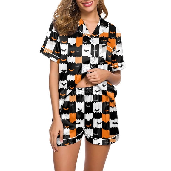 WTOBBY Ladies' Halloween Printed Pajama Set Loose Fit Casual Short Sleeve Top & Elastic Waist Shorts Two-Piece Sleepwear Comfortable Loungewear Home Outfit,Black L
