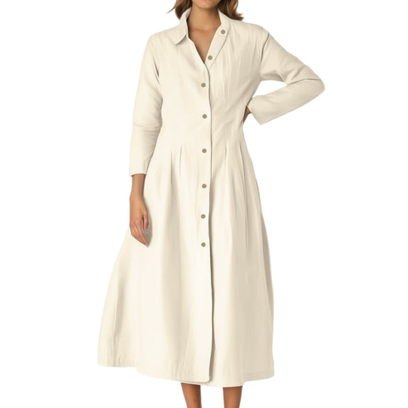 WTOBBY Ladies' Loose Comfortable Casual Fashionable Cotton Linen Shirt Tie Buckle Long Sleeve Dress Adjustable Waist with Buckle Detail for Custom Fit Breathable Fabric for All-Day Wear,White L