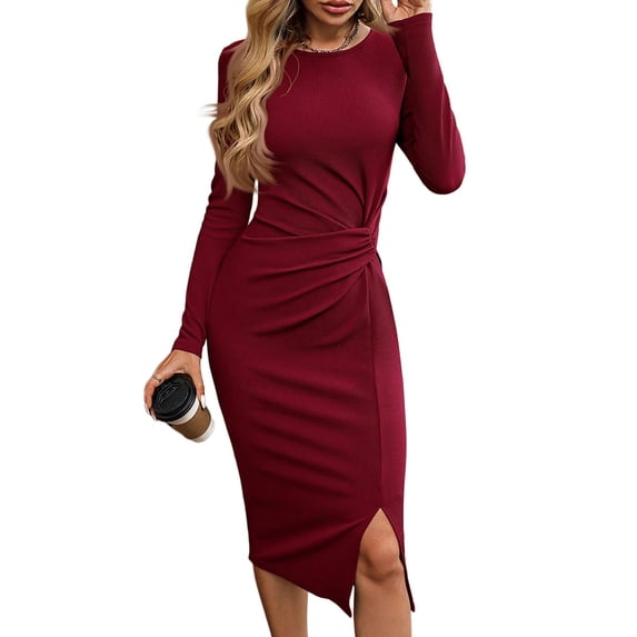 WTOBBY Ladies' Loose Comfortable Casual Fashionable Solid Color Round Neck Long Sleeve Dress Minimalist Style for Everyday Elegance Soft Fabric for All-Day Comfort,Wine M