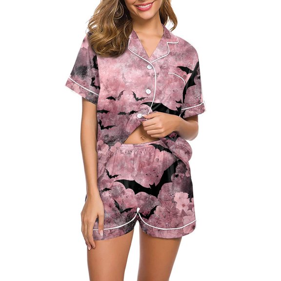 WTOBBY Ladies' Printed Halloween Sleep Set Loose Short Sleeve Top & Comfy Shorts Two-Piece Pajama Set Breathable Loungewear for Home Wear Cozy Outfit,Pink S