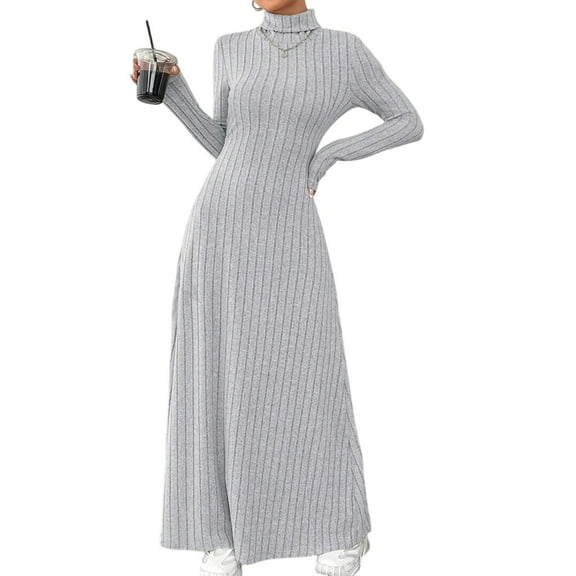 WTOBBY Ladies' Temperament Slim Fit High Neck Fashionable Solid Color Long Sleeved Dress - Sophisticated and Elegant Dress with High Neck, Great for Formal or Casual Settings,Gray XS