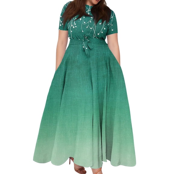 WTOBBY Large Size Women's Floral Swing Dress, Casual Short Sleeve Round Neck Pocket Tie-Waist Tunic for Everyday Style Spring Outings and Casual Fridays,Army Green 4XL