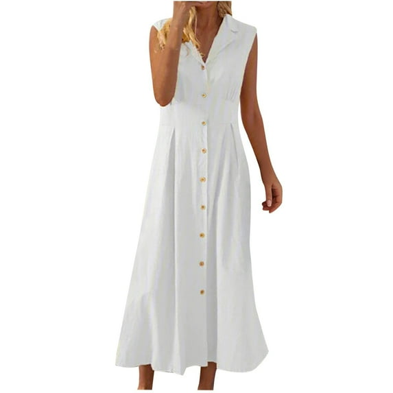 WTOBBY Lightweight Cotton Linen Dress for Women Summer Button Down Lapel Collar Casual Sleeveless Dresses, Breathable and Chic for Hot Days,White XL