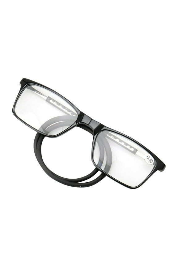 Magnetic Reading Glasses with Neck Cord, HD PC Square Frame Unisex Eyewear, Comfortable Foldable Readers with Telescopic Temples,Black 200