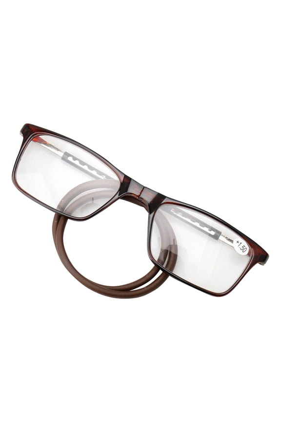 Magnetic Reading Glasses with Neck Cord, HD PC Square Frame Unisex Eyewear, Comfortable Foldable Readers with Telescopic Temples,Brown 100