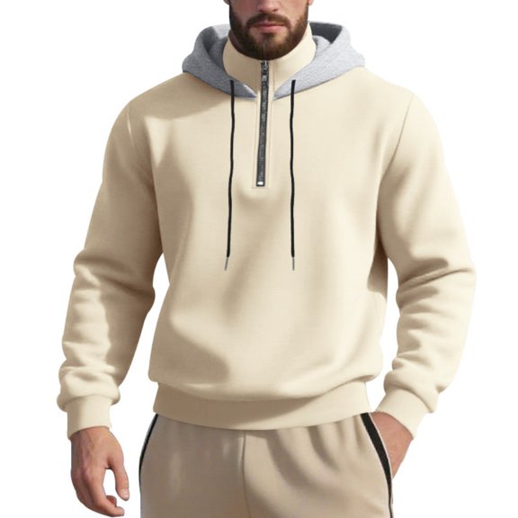 WTOBBY Men's 1/4 Zip Cargo Hoodie with Drawstring and Multiple Pockets, Solid Color Design for Outdoor & Casual Wear, Comfortable and Functional,Beige S