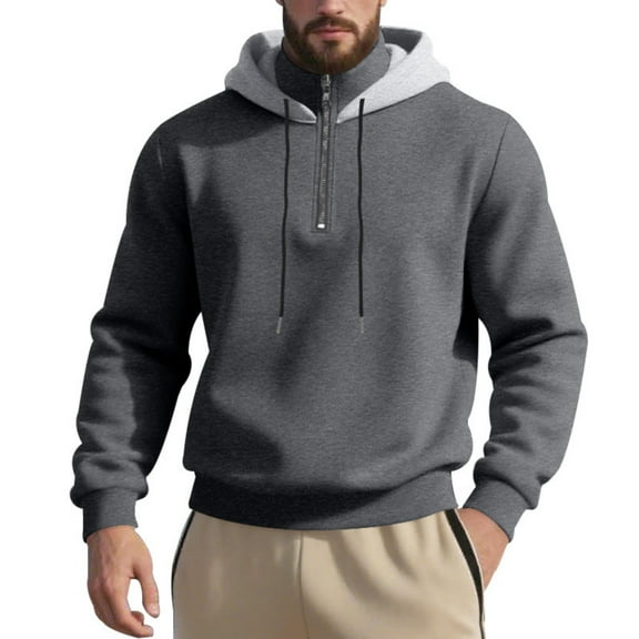 WTOBBY Men's 1/4 Zip Cargo Hoodie with Drawstring and Multiple Pockets, Solid Color Design for Outdoor & Casual Wear, Comfortable and Functional,Dark Gray M
