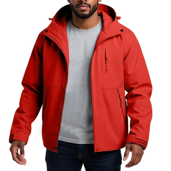 WTOBBY Men's 3-in-1 Waterproof Windproof Hooded Jacket with Removable Fleece Liner, Outdoor Hiking Skiing Raincoat, Adjustable Cuffs & Storm Flap,Red L