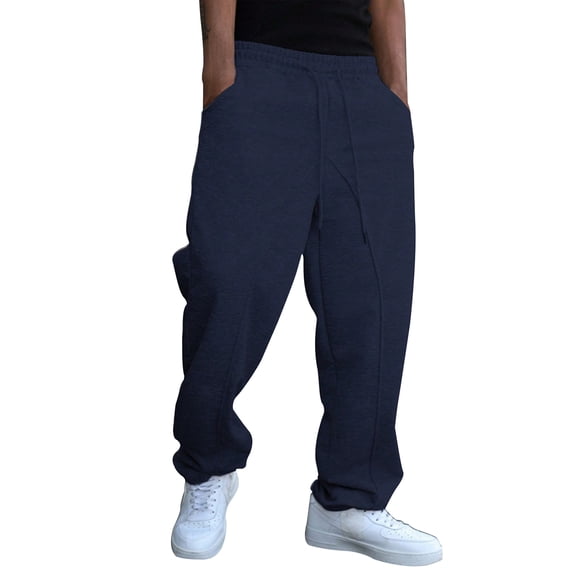 WTOBBY Men's Baggy Stacked Sweatpants, Wide Leg Flared Joggers with Drawstring Waist, Streetwear Style Lounge Pants with Pockets for Men,Navy L