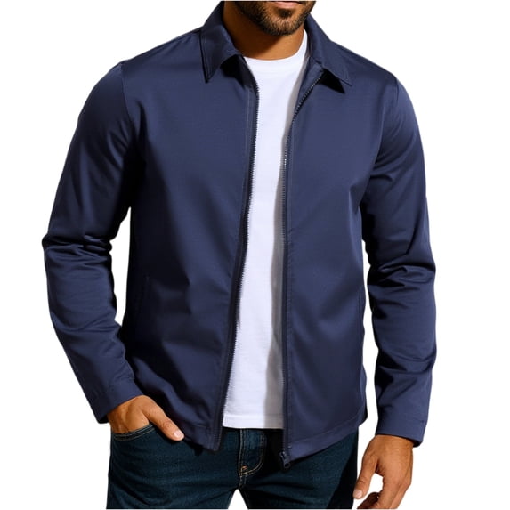 WTOBBY Men's Business Jacket with Lapel Zip, Solid Color Slim Fit Polyester Blend, Smart-Casual for Work and Commute, Lightweight and Durable for Professional Settings,Navy S