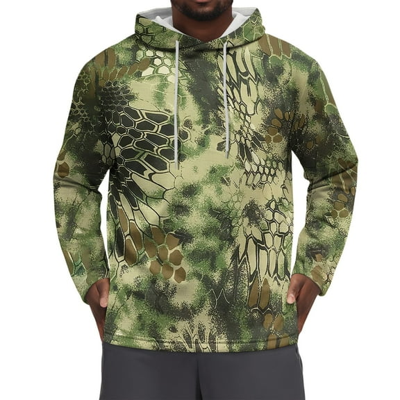WTOBBY Men's Camo Print Hooded Sweatshirt, Loose Fit Casual Military Style Pullover for Outdoor Hunting, Durable Cotton Blend,Dark Green XL