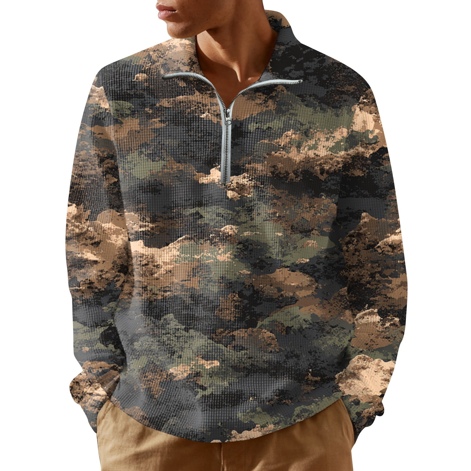 WTOBBY Men's Camo Print Quarter Zip Turtleneck Long Sleeve Shirt