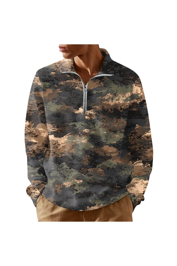 Men's Camo Print Quarter Zip Turtleneck Long Sleeve Shirt Fashionable Casual Top for Everyday Wear and Comfortable Layering in Fall,Camouflage XL