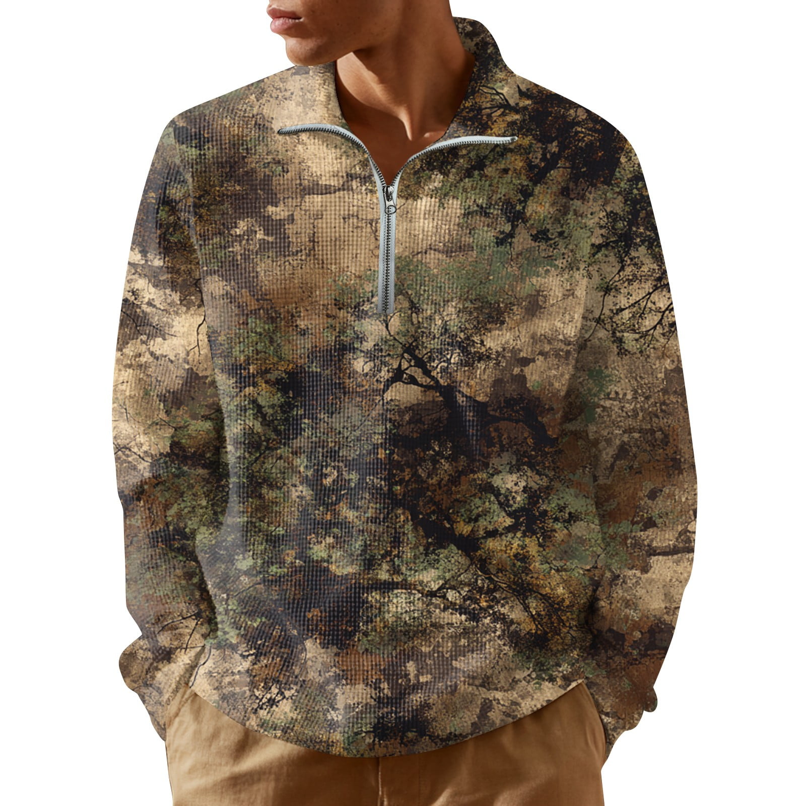 WTOBBY Men's Camo Print Quarter Zip Turtleneck Long Sleeve Shirt