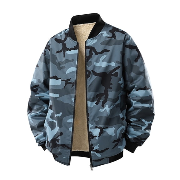 WTOBBY Men's Camouflage Baseball Jacket with Stand-Up Collar and Fleece Lining, Windproof Winter Outdoor Lamb Fleece Jacket for Casual and Sports Wear,Gray L