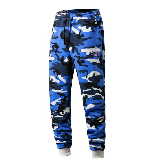 WTOBBY Men's Camouflage Casual Trousers Outdoor Leisure Sports Straight Leg Pants with Cuffed Ankle USA Style Military Print Men's Pants,Blue XL