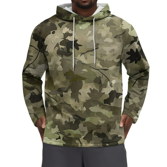 WTOBBY Men's Camouflage Hoodie, Street Style Loose Fit Sweatshirt with Kangaroo Pocket, Military Print Outdoor Comfort,Light Green 3XL