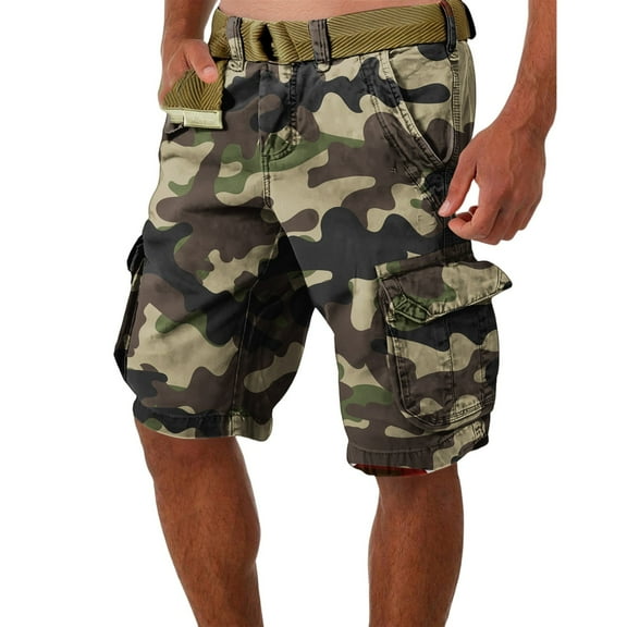 WTOBBY Men's Camouflage Work Shorts for Summer, Loose Casual Fit, Large Size with Multiple Pockets, 5-Inch Mid-Length, Belt-Free Comfort, Ideal for Outdoor Activities,Army Green XL