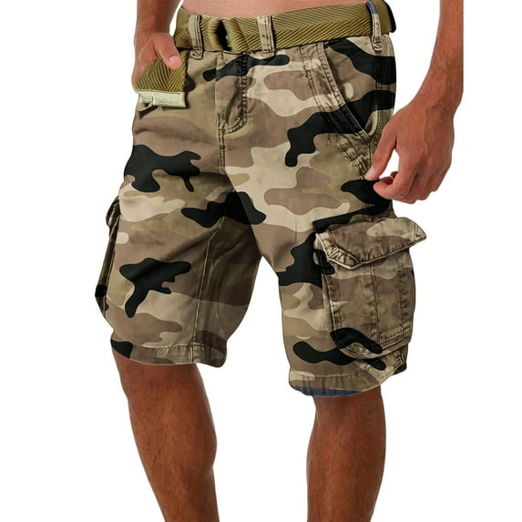 WTOBBY Men's Camouflage Work Shorts for Summer, Loose Casual Fit, Large Size with Multiple Pockets, 5-Inch Mid-Length, Belt-Free Comfort, Ideal for Outdoor Activities,Earthy Yellow S