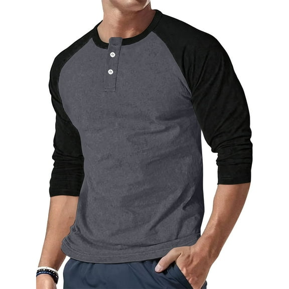 WTOBBY Men's Casual Button Neck Long Sleeve Top with Two-Tone Shoulder Design and Raglan Sleeve for Stylish Everyday Wear Comfortable Loose Fit Shirt ,Gray M