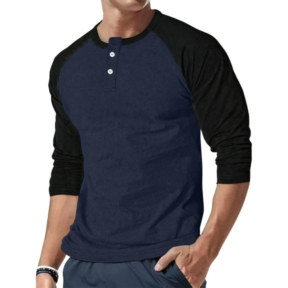 WTOBBY Men's Casual Button Neck Long Sleeve Top with Two-Tone Shoulder Design and Raglan Sleeve for Stylish Everyday Wear Comfortable Loose Fit Shirt ,Navy L