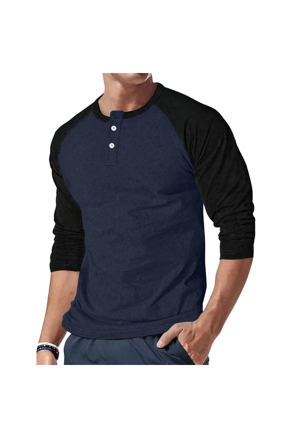Men's Casual Button Neck Long Sleeve Top with Two-Tone Shoulder Design and Raglan Sleeve for Stylish Everyday Wear Comfortable Loose Fit Shirt ,Navy S