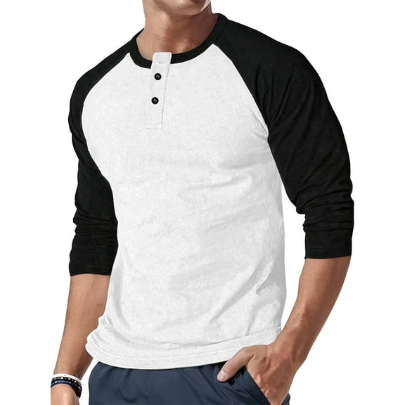 WTOBBY Men's Casual Button Neck Long Sleeve Top with Two-Tone Shoulder Design and Raglan Sleeve for Stylish Everyday Wear Comfortable Loose Fit Shirt ,White L