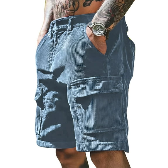 WTOBBY Men's Casual Corduroy Cargo Shorts, Solid Color Multi-Pocket Work Utility Shorts, Breathable and Functional for Summer Wear,Light Blue 3XL