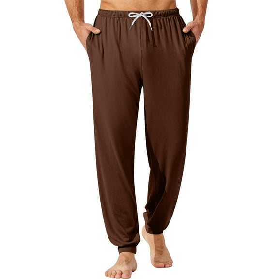 WTOBBY Men's Casual Drawstring Cuffed Pants with Pockets, Soft Home Sleepwear Lounge Pajama Bottoms for Relaxation, Comfortable Fit,Coffee L