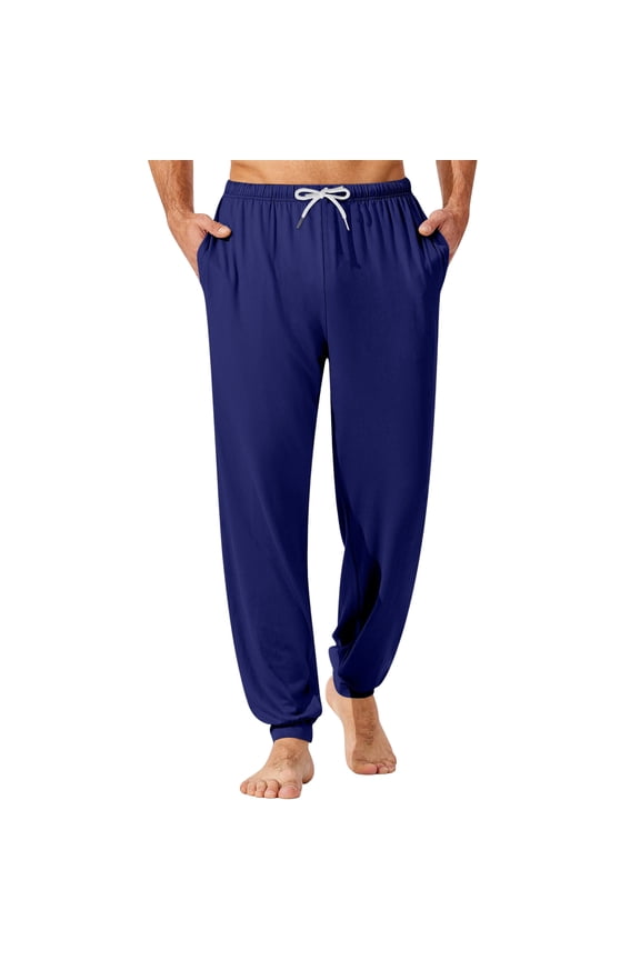 Men's Casual Drawstring Cuffed Pants with Pockets, Soft Home Sleepwear Lounge Pajama Bottoms for Relaxation, Comfortable Fit,Navy M