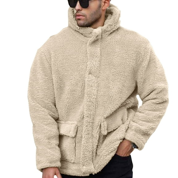 WTOBBY Men's Casual Fashion Lapel Hooded Solid Color Fleece Jacket, Soft and Warm Outerwear for Fall and Winter, Lightweight and Comfortable for Daily Casual Wear,Beige XL