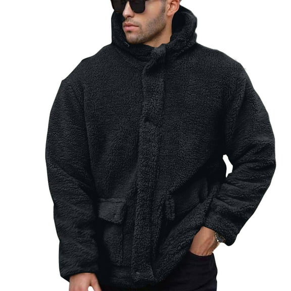 WTOBBY Men's Casual Fashion Lapel Hooded Solid Color Fleece Jacket, Soft and Warm Outerwear for Fall and Winter, Lightweight and Comfortable for Daily Casual Wear,Black M