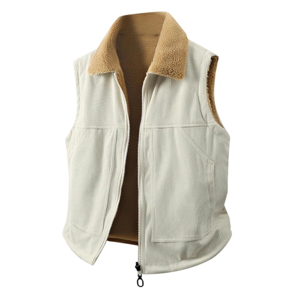 WTOBBY Men's Casual Fleece Lambskin Vest, Double-Sided Zippered reversible Wear, Lapel Style Jacket for Fashion Layering and Outdoor Use,Beige 4XL