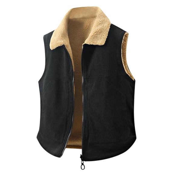 WTOBBY Men's Casual Fleece Lambskin Vest, Double-Sided Zippered reversible Wear, Lapel Style Jacket for Fashion Layering and Outdoor Use,Black XL