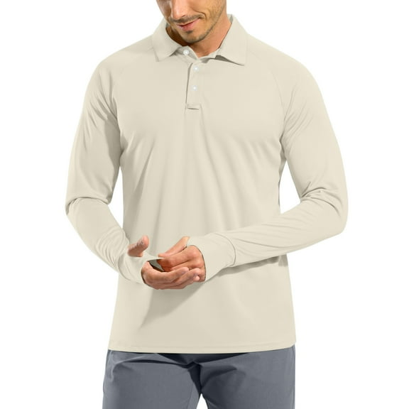 WTOBBY Men's Casual Golf Shirt with Raglan Long Sleeve, UPF 50+ Protection, and Lightweight Fabric for Comfortable Outdoor Use in Hot Weather ,Beige L