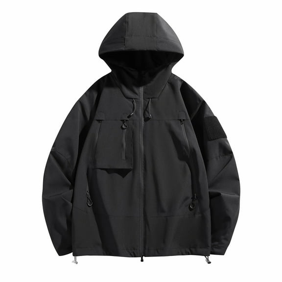 WTOBBY Men's Casual Hooded Workwear Jacket - Fashionable Versatile Design, Windproof Waterproof, Perfect for Outdoor Jobs, Daily Wear, and All-Purpose Use,Black M