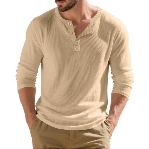 WTOBBY Men's Casual Long Sleeve Henley Shirt Three-Button Placket, Comfortable Solid Color, Fall and Winter T-Shirt for Daily Wear, Layering, and Relaxed Style,Khaki 3XL