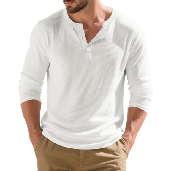 WTOBBY Men's Casual Long Sleeve Henley Shirt Three-Button Placket, Comfortable Solid Color, Fall and Winter T-Shirt for Daily Wear, Layering, and Relaxed Style,White XL