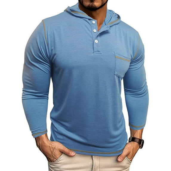 WTOBBY Men's Casual Long Sleeve Hooded T-Shirt Button Front, Solid Color with Pocket, Comfortable for Daily Wear, Layering, and Casual Street Style,Light Blue M
