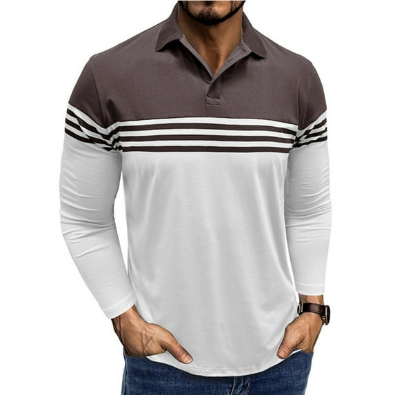 WTOBBY Men's Casual Long-Sleeve Polo Shirt, Colorblock Stripe Print Collared T-Shirt, Comfortable Fit for Business Casual and Stylish Daily Wear,Coffee 3XL