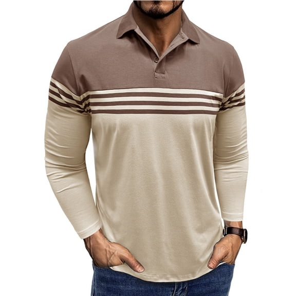 WTOBBY Men's Casual Long-Sleeve Polo Shirt, Colorblock Stripe Print Collared T-Shirt, Comfortable Fit for Business Casual and Stylish Daily Wear,Khaki S