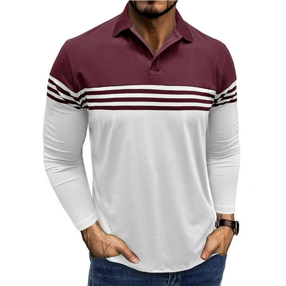 WTOBBY Men's Casual Long-Sleeve Polo Shirt, Colorblock Stripe Print Collared T-Shirt, Comfortable Fit for Business Casual and Stylish Daily Wear,Wine S
