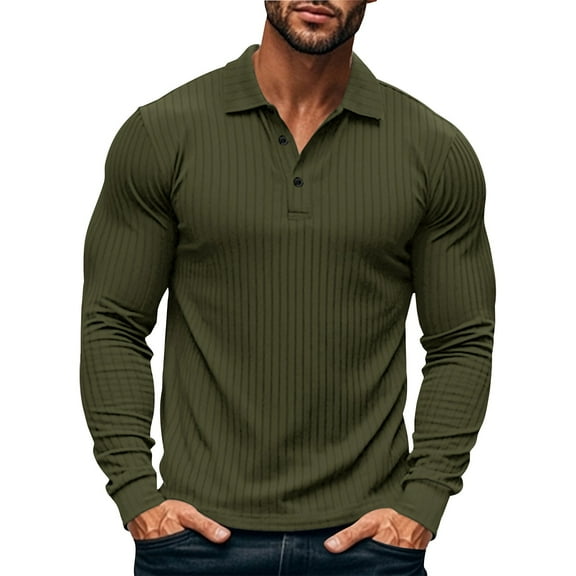 WTOBBY Men's Casual Long Sleeve Polo Shirt with Loose Lapel Collar, Ribbed Texture, and Relaxed Fit for Everyday Comfort Wear Breathable Top ,Army Green L