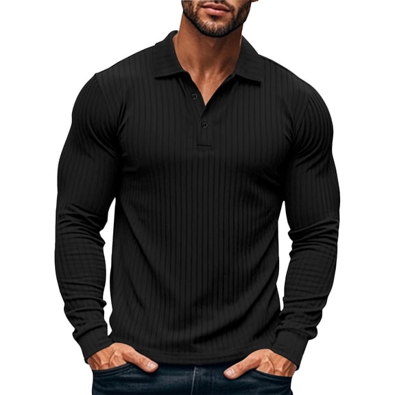 WTOBBY Men's Casual Long Sleeve Polo Shirt with Loose Lapel Collar, Ribbed Texture, and Relaxed Fit for Everyday Comfort Wear Breathable Top ,Black L