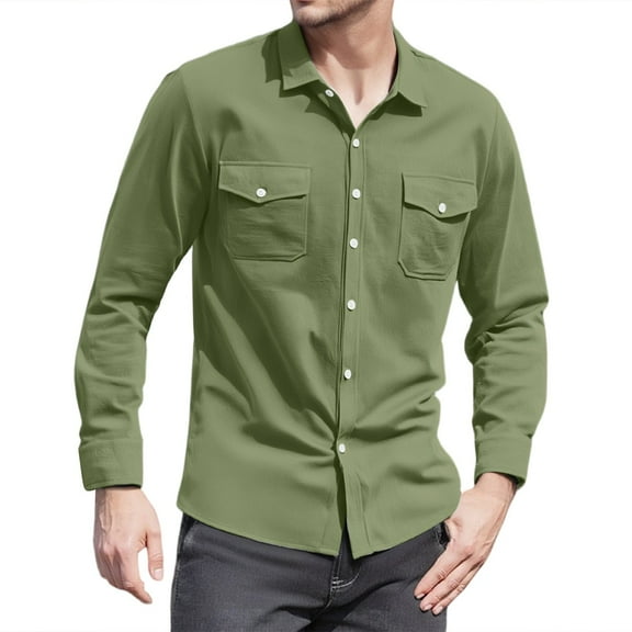 WTOBBY Men's Casual Long Sleeve Shirt Lapel Collar Button Front Pocket Classic Fit Breathable Cotton Blend Office Wear Business Casual Daily Top,Army Green S