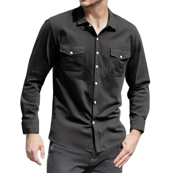WTOBBY Men's Casual Long Sleeve Shirt Lapel Collar Button Front Pocket Classic Fit Breathable Cotton Blend Office Wear Business Casual Daily Top,Black L