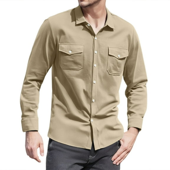WTOBBY Men's Casual Long Sleeve Shirt Lapel Collar Button Front Pocket Classic Fit Breathable Cotton Blend Office Wear Business Casual Daily Top,Khaki M